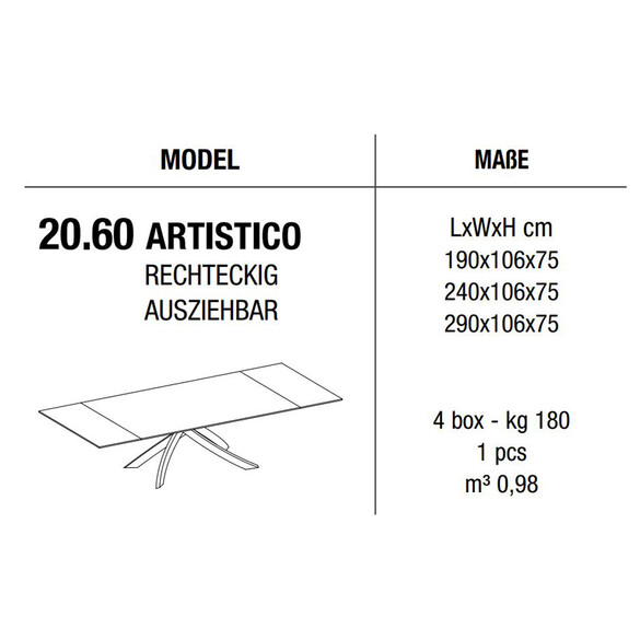 Bontempi ARTISTICO ausziehbarer Esstisch, 190-290 cm Holzplatte (20.60)