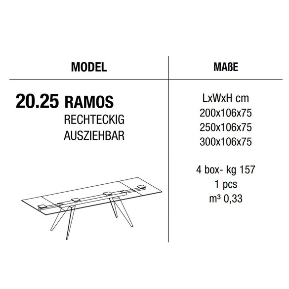 Bontempi RAMOS ausziehbarer Esstisch mit Glasplatte 200-300 cm (20.25)
