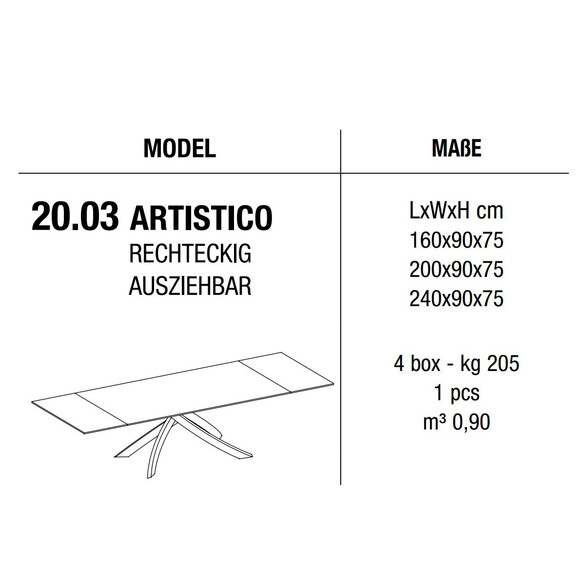Bontempi ARTISTICO ausziehbarer Esstisch 160-240 cm Glasplatte (20.03)