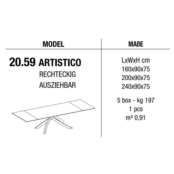 Bontempi ARTISTICO ausziehbarer Esstisch 160-240 cm Holzplatte (20.59)