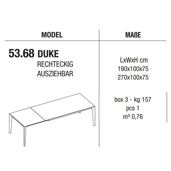 Bontempi DUKE ausziehbarer Esstisch 190-270 cm (53.68)