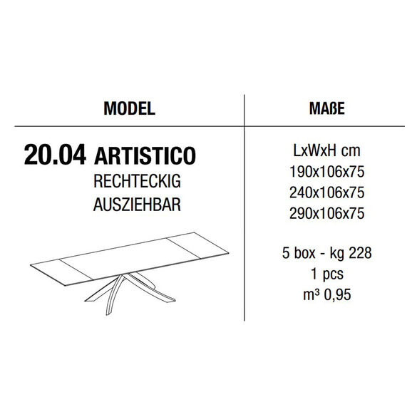 Bontempi ARTISTICO ausziehbarer Esstisch 190-290 cm mit Glasplatte (20.04)
