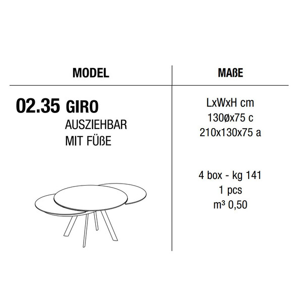 Bontempi GIRO ausziehbarer Esstisch mit Fußgestell & Glasplatte (02.35)